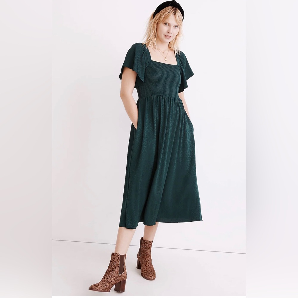 Madewell NWT Lucie Green Smocked Midi Dress in Cheetah Jacquard size XXL
